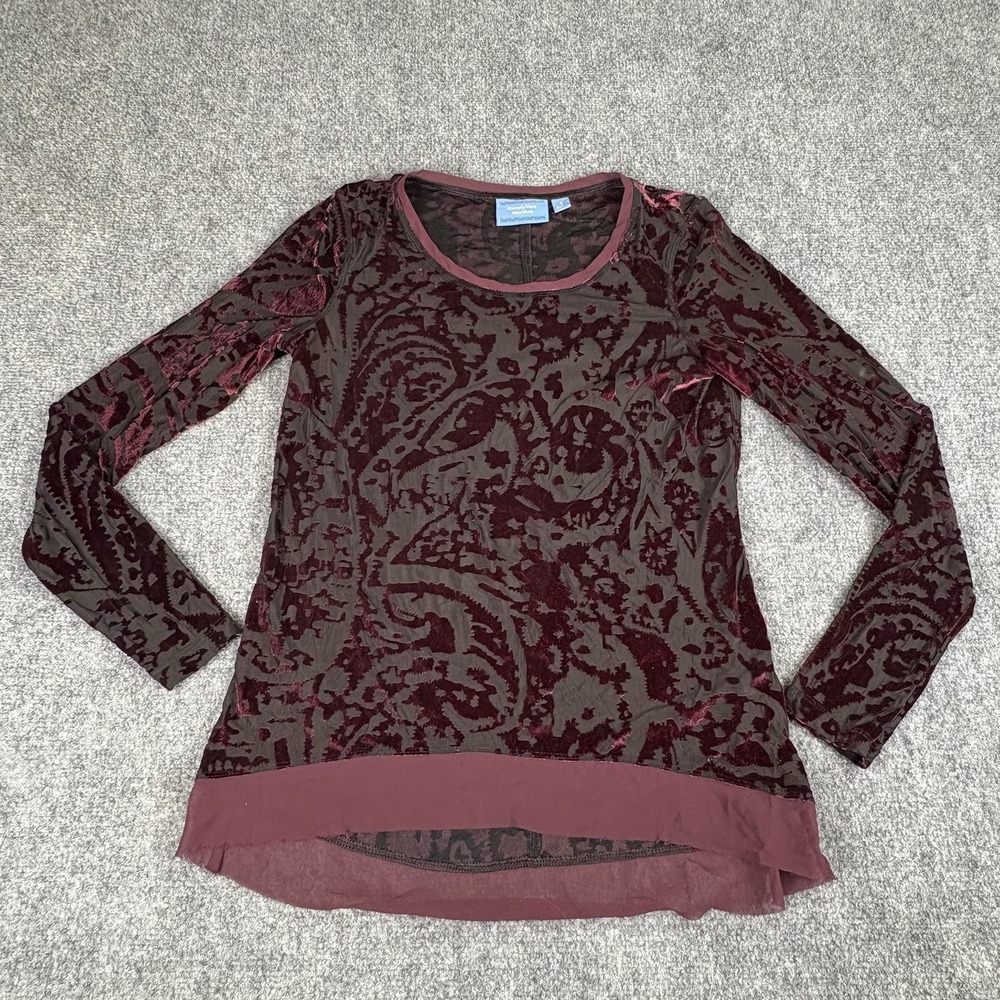 Simply Vera Vera Wang Blouse Small Burgundy Burnout Velvet Sheer Boho Goth Artsy